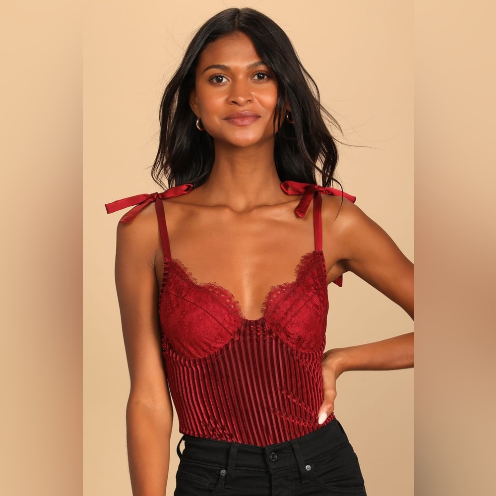 Romance Ritual Wine Red Velvet Lace Tie-Strap Bustier Bodysuit